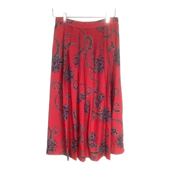 Talbots Vintage Pleated Paisley Wool Silk Blend Broomstick Skirt Red 8 - Picture 16 of 16